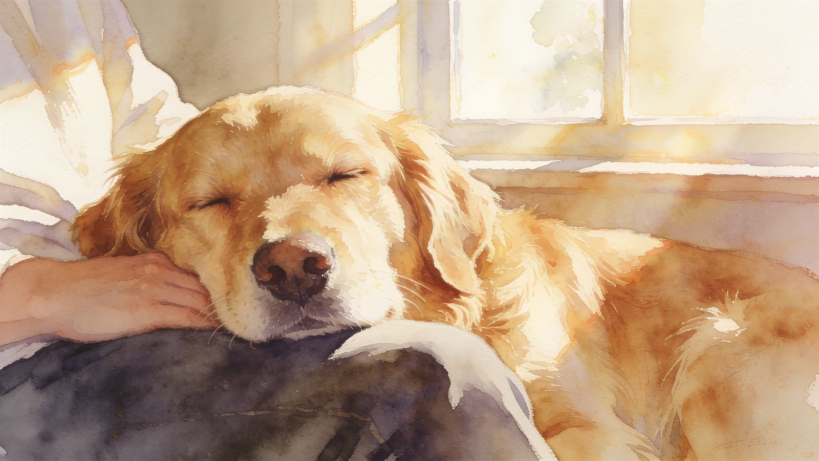A gentle dog resting its head on its owner's lap in warm golden afternoon light