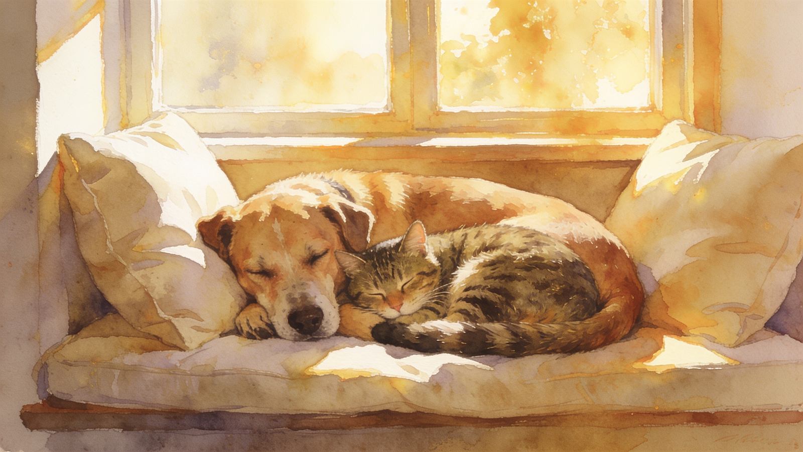 A rescued dog and a cat sleeping peacefully together in a sunlit window seat, watercolor warmth