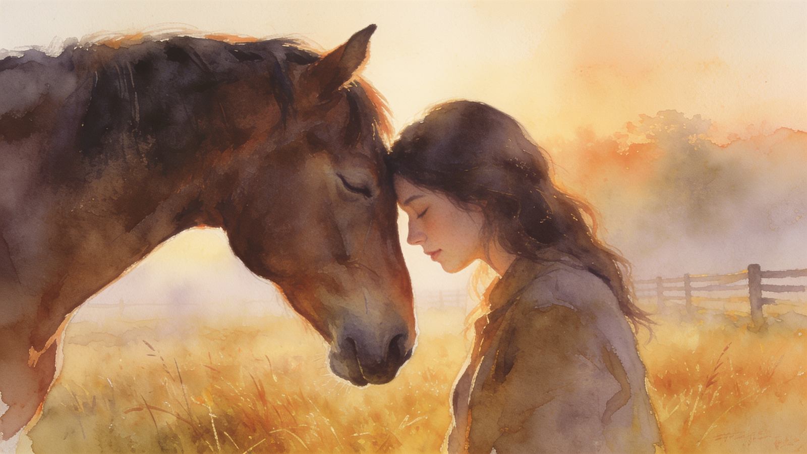A horse and its owner sharing a quiet forehead-to-forehead moment in a misty golden paddock at dawn