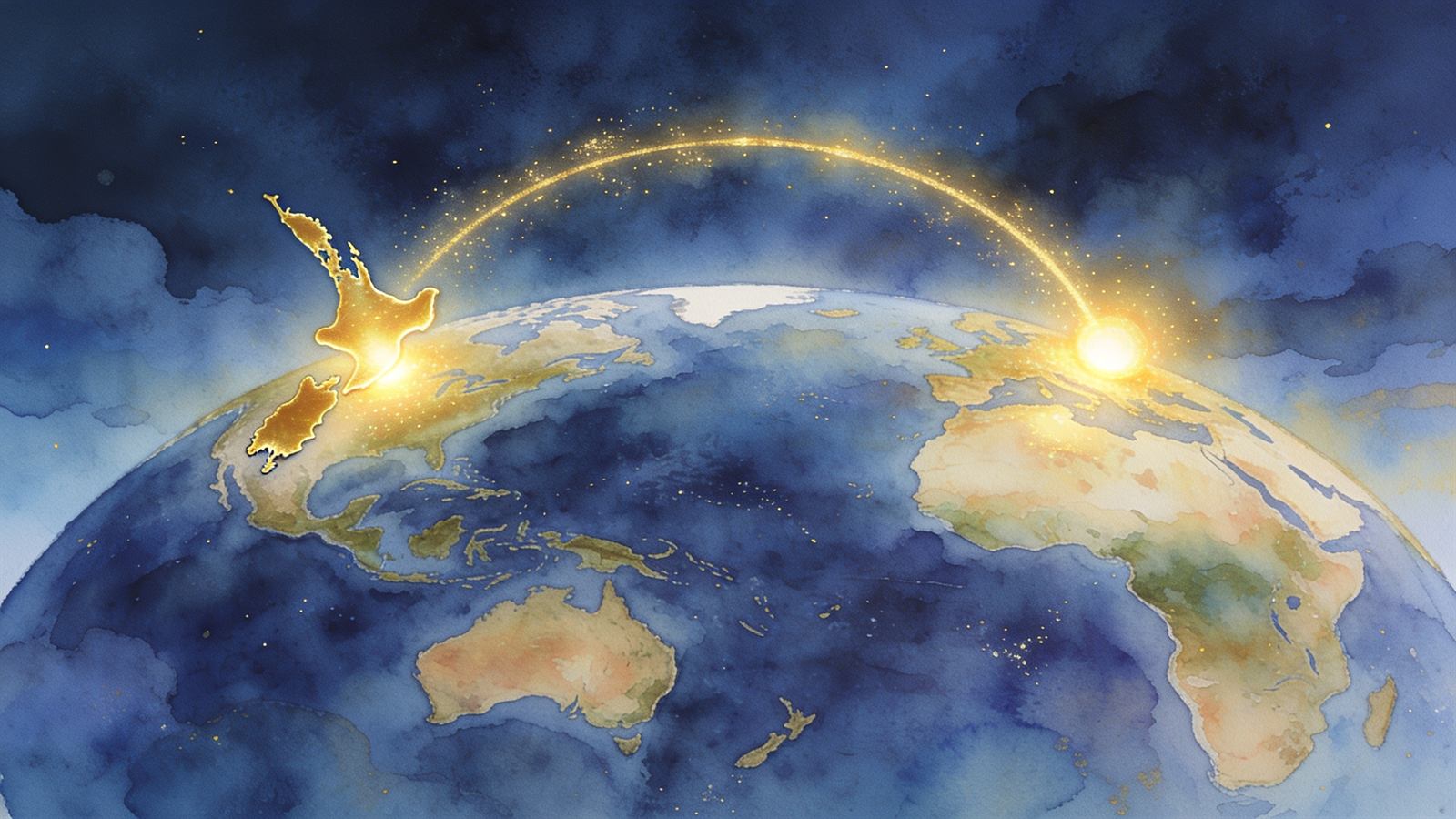 Two glowing points of light on opposite sides of a watercolor globe connected by an arc of light