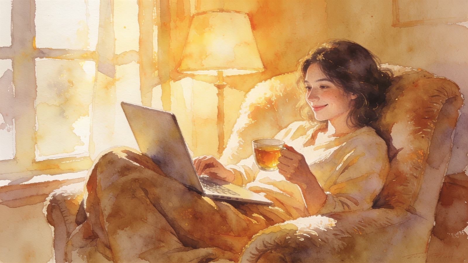 Woman relaxing at home with a laptop and cup of tea in warm evening light, peaceful online session