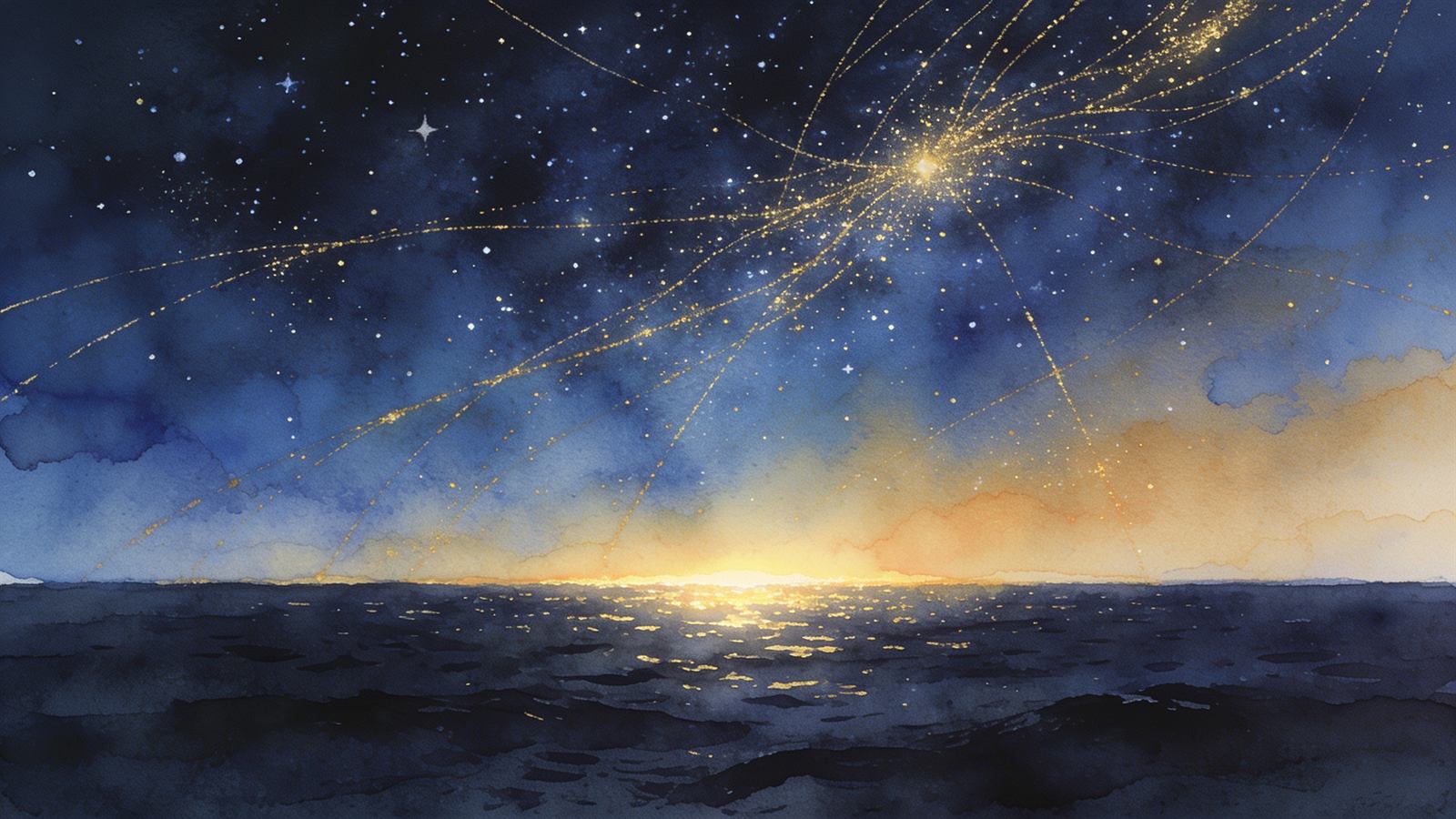Golden threads of light stretching across a night sky full of stars above a calm ocean