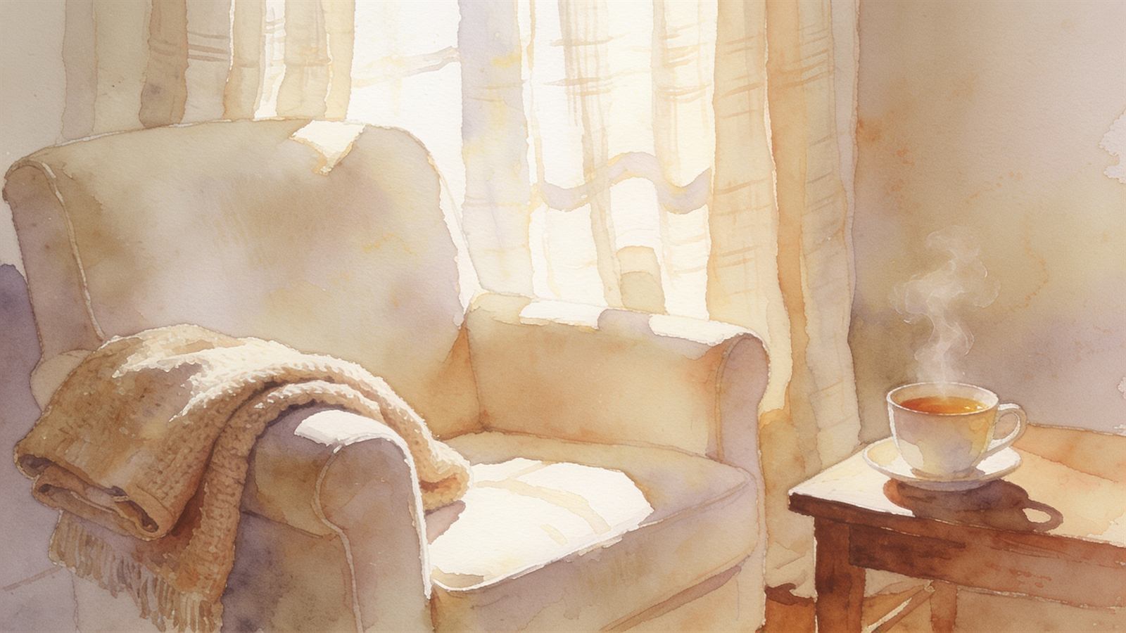 A cosy corner with a soft armchair, warm blanket, cup of tea and morning light