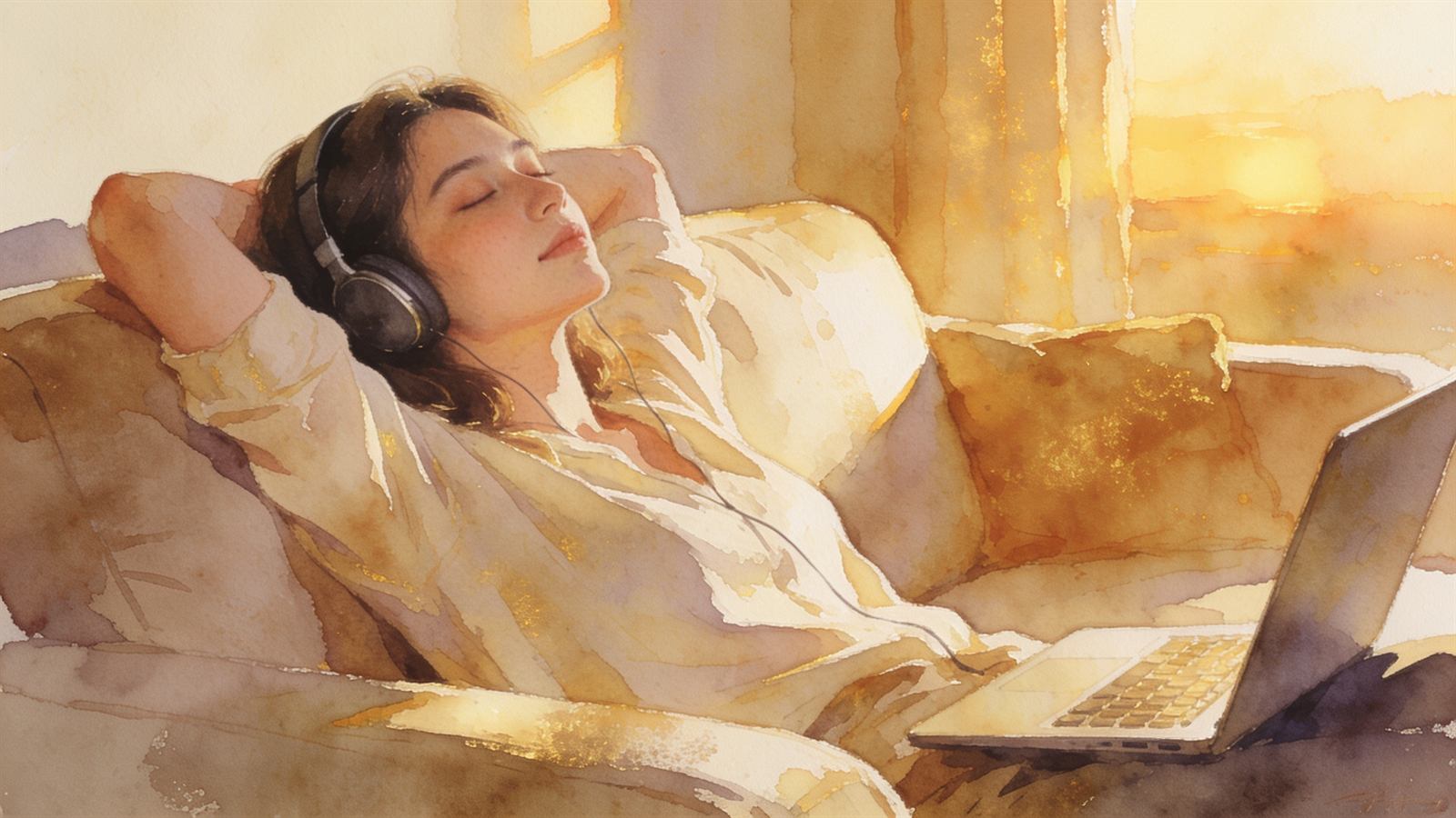 Woman relaxing peacefully on a sofa with headphones and closed eyes during an online healing session, soft golden light
