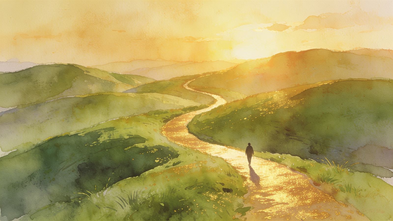 A winding golden path through soft green hills at sunrise with a single figure walking forward