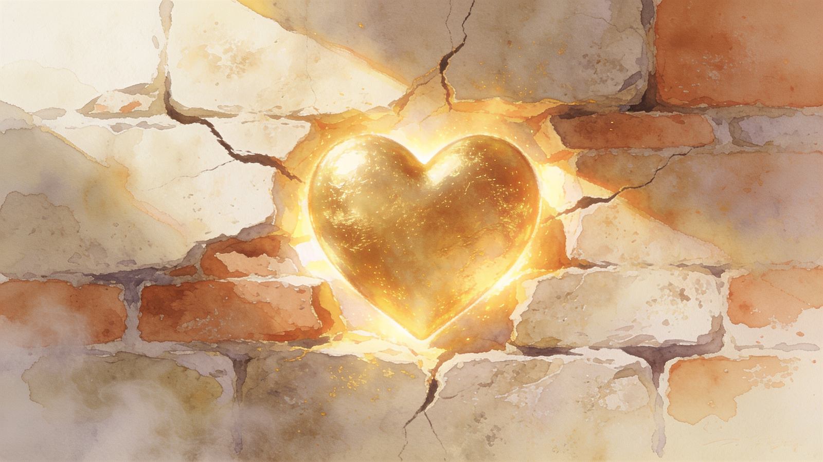 Golden light breaking through a crumbling stone wall surrounding a glowing heart
