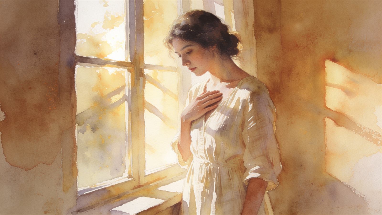 Woman standing at a sunlit window with her hand resting gently on her heart, warm morning light