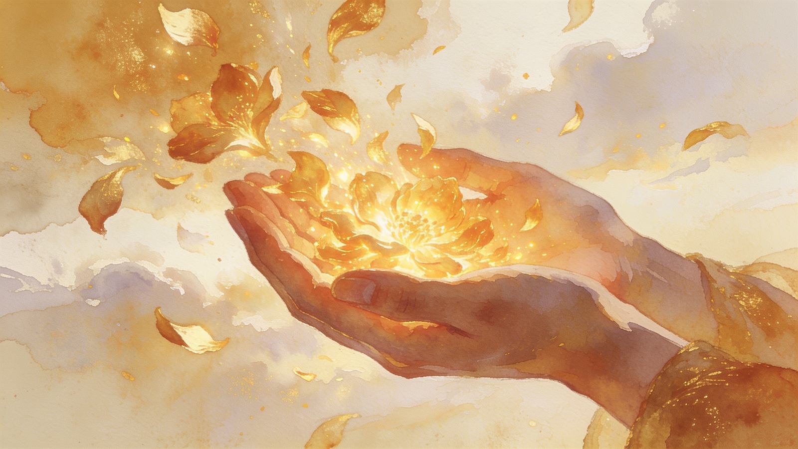 Open hands releasing glowing golden petals of light into a soft cream sky