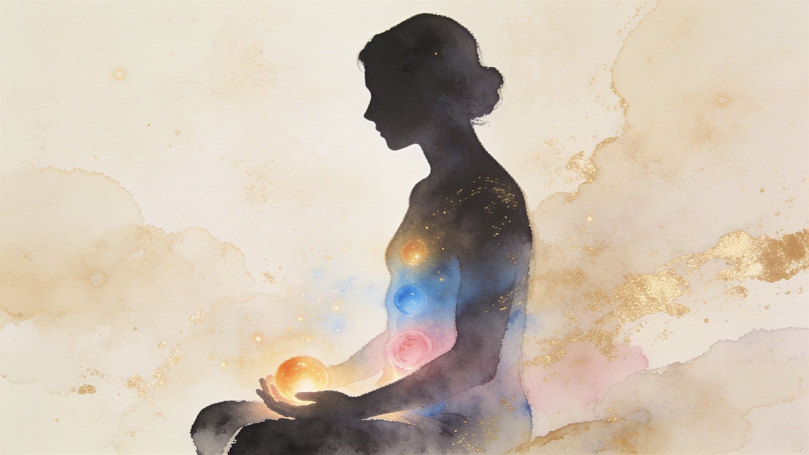 Watercolor silhouette of a person with softly glowing orbs of coloured light within the body