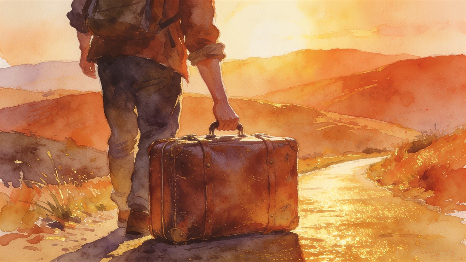 A traveller setting down an old worn suitcase on a golden path at sunrise, painterly style
