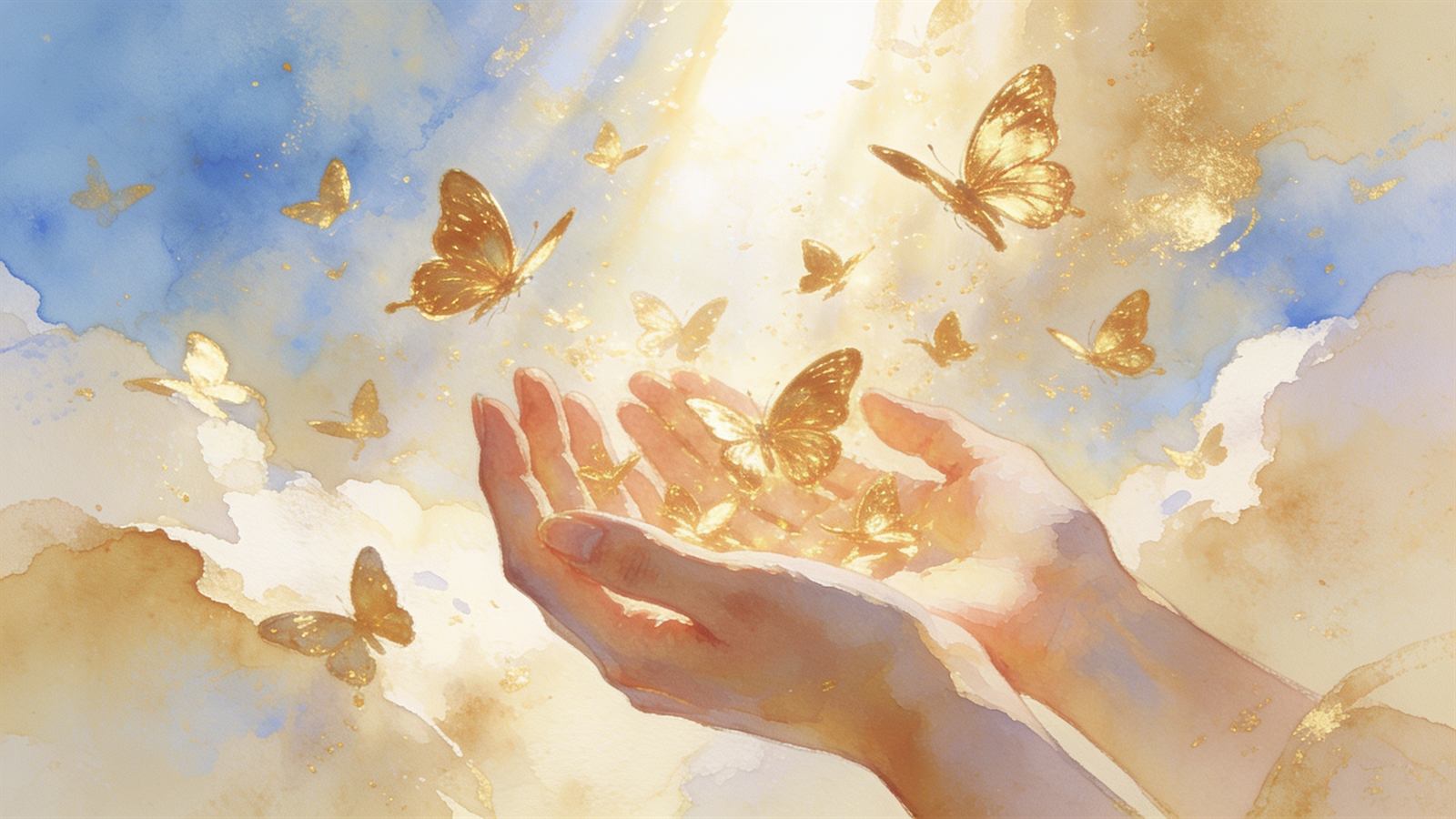 Golden butterflies rising from open hands into soft warm light, dreamy watercolor